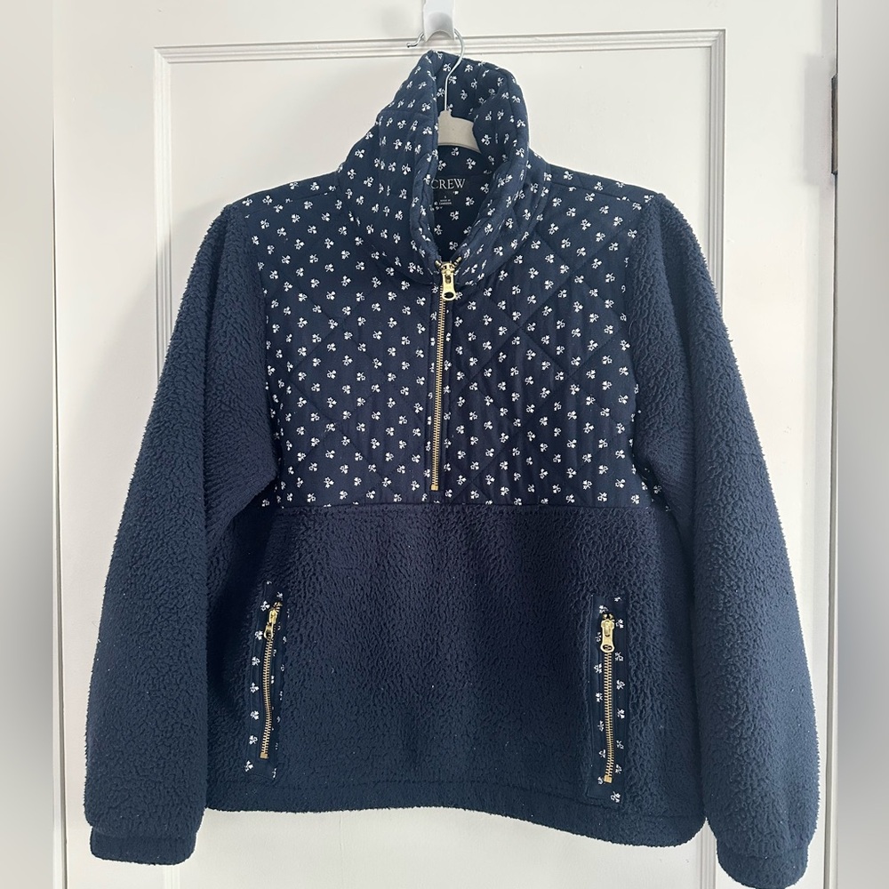 J. Crew Women Navy Blue Patterned Half Zip Fleece